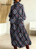 Women's Vintage Symmetrical Flowers Pattern Art Print Casual Cotton Knitted Dress