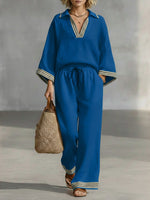 Casual Patchwork Striped Linen And Cotton Shirt And Pants Two-piece Set