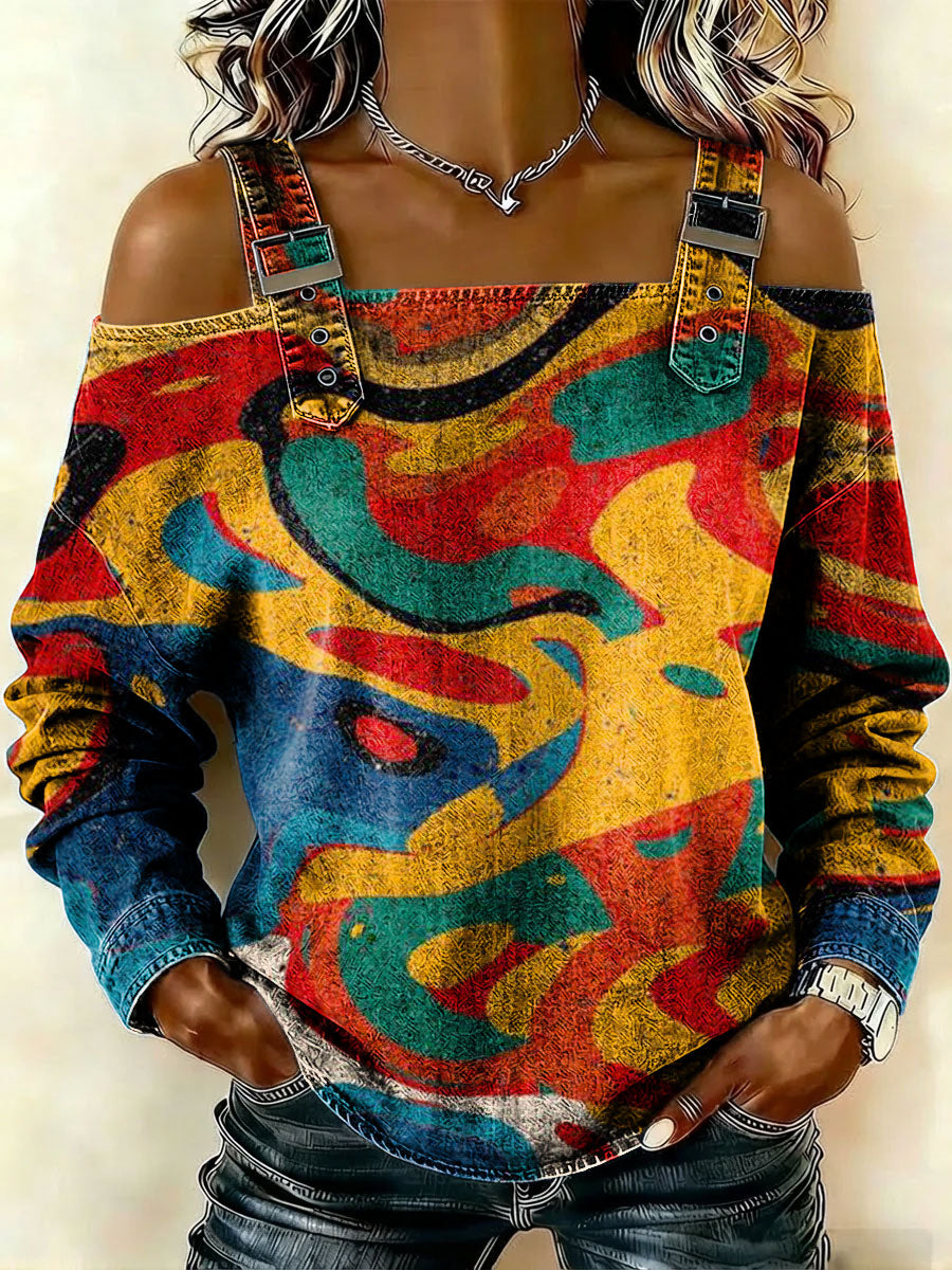 Women‘s Vintage Flowers Pattern Art Print Casual Cotton Denim Shirt