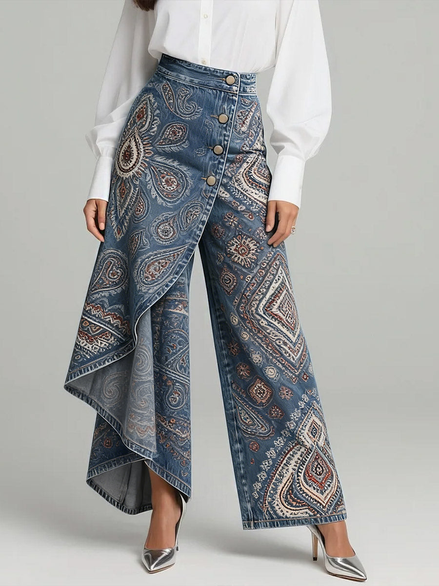 Women's Vintage Pattern Print High-waisted Relaxed Fit Wide-leg Jeans With A Stylish Design.