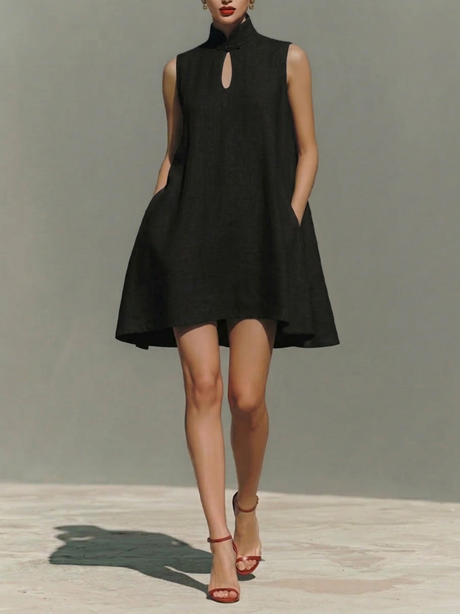 Women's Solid-color Stand-collar Sleeveless Loose-fit Casual Cotton Dress