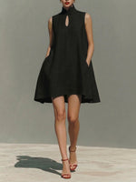 Women's Solid-color Stand-collar Sleeveless Loose-fit Casual Cotton Dress