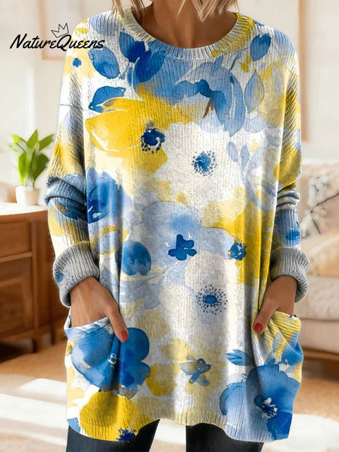Women's Lovely Floral Flowers Pattern Art Print Casual Cotton Knitted Sweater