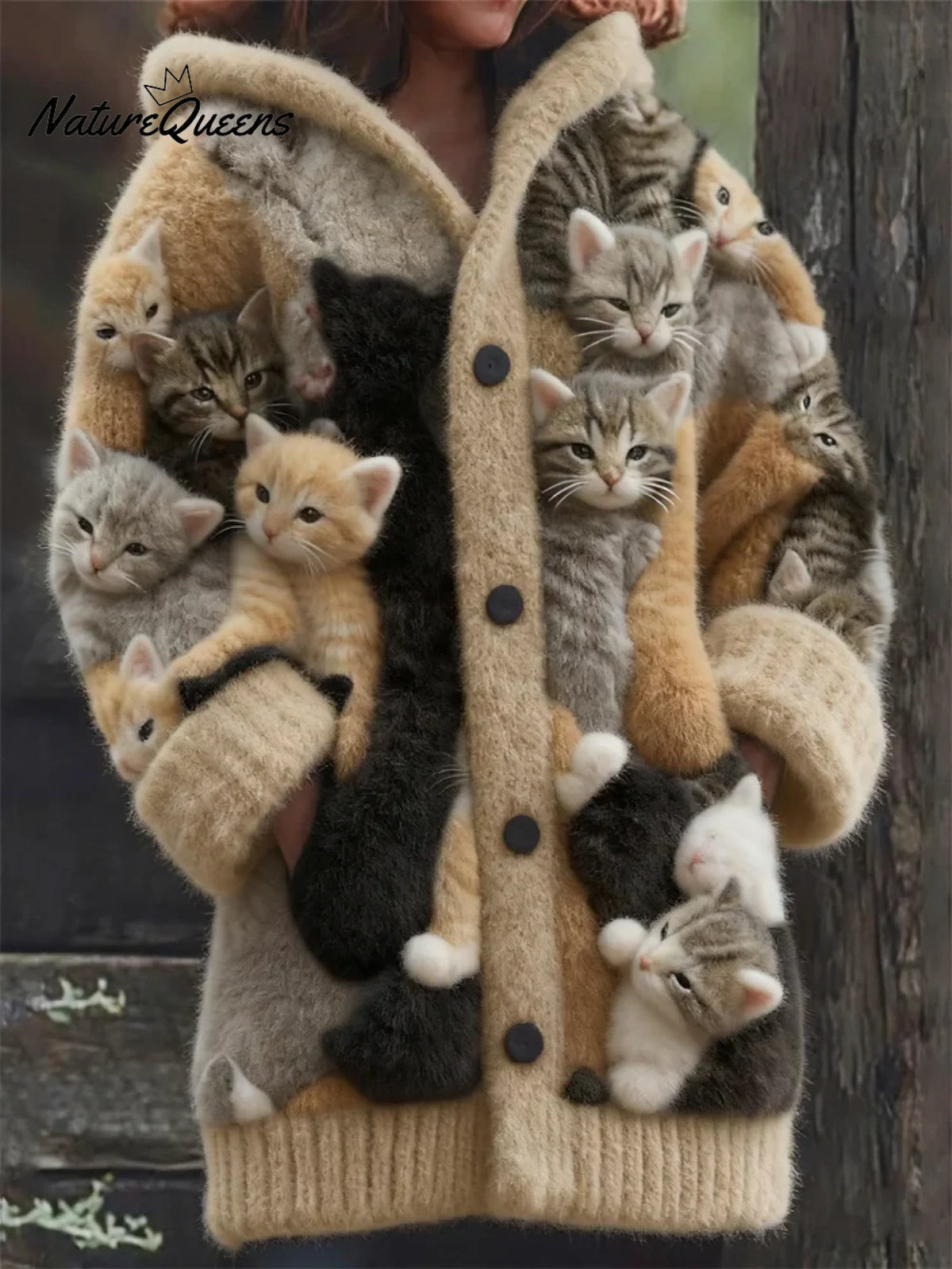 Women's Funny Cats Pattern Art Print Casual Fleece Coat