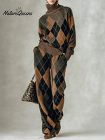 Women's Plaid Print High-neck Long-sleeve Casual Loose Knit Top With Elastic Waist And Wide-leg Pants Set
