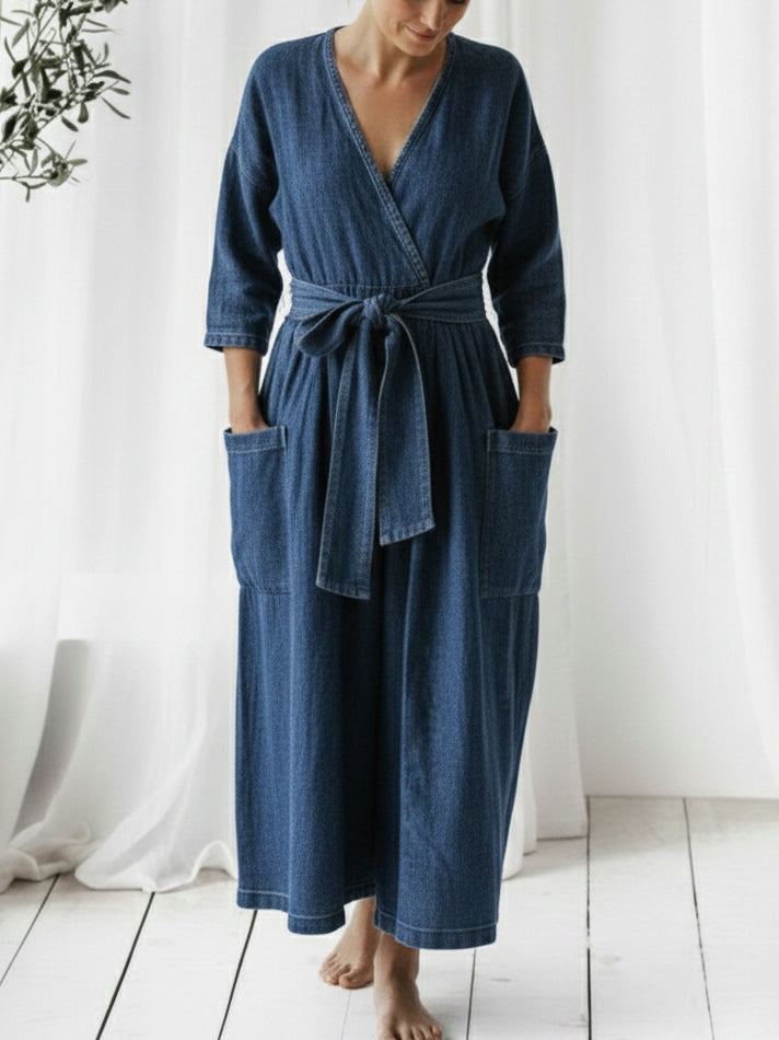 Casual Loose-fitting Denim Jumpsuit With Waist Tie