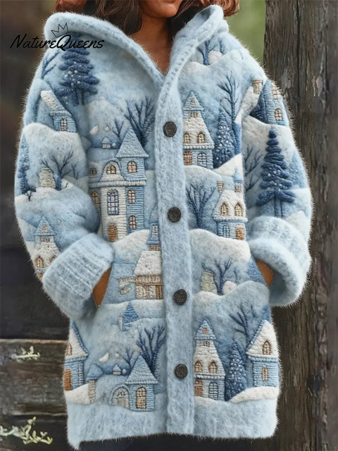 Women's Christmas Pattern Art Print Casual Fleece Coat