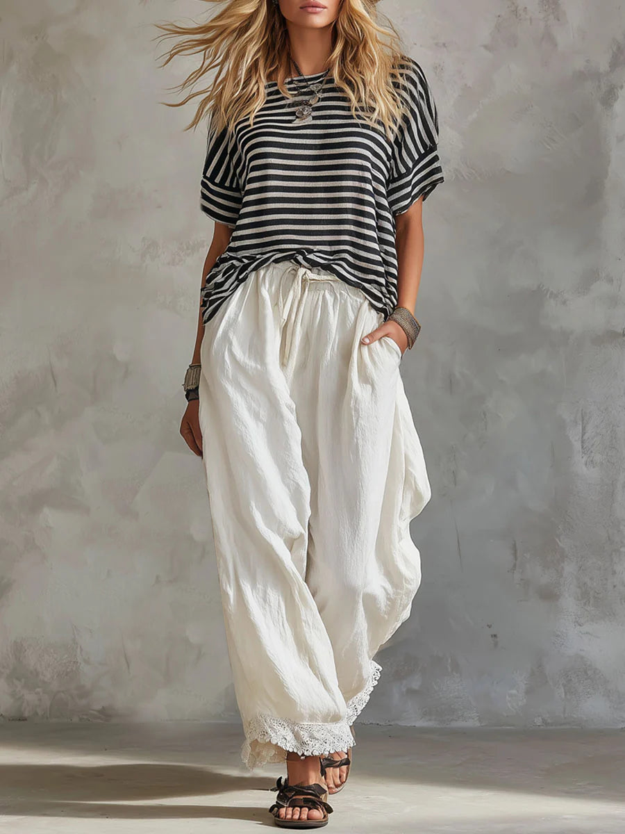 Casual Striped Cotton T-shirt And Lace-paneled Linen-cotton Trousers Two-piece Set