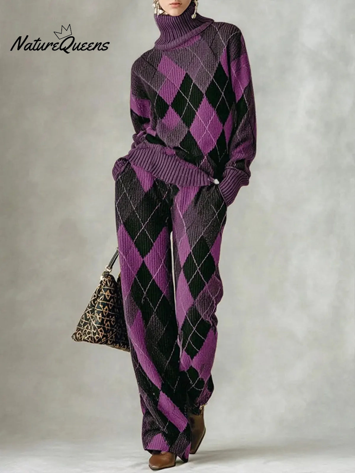 Women's Plaid Print High-neck Long-sleeve Casual Loose Knit Top With Elastic Waist And Wide-leg Pants Set