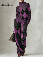 Women's Plaid Print High-neck Long-sleeve Casual Loose Knit Top With Elastic Waist And Wide-leg Pants Set