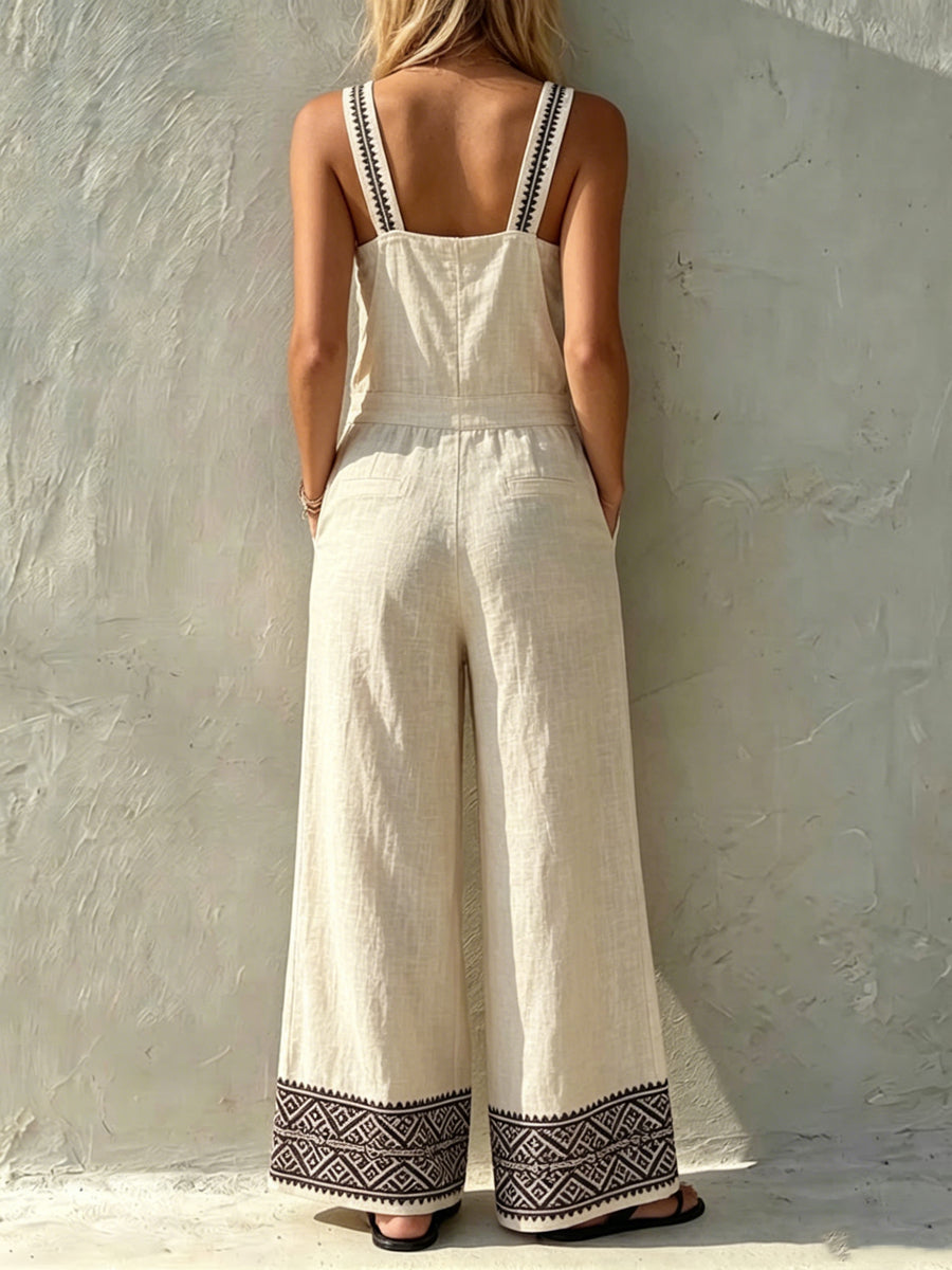 Women's Bohemian Style Cotton-linen Suspender Wide-leg Jumpsuit