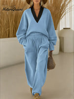 Women's Color Block V-neck Long-sleeve Casual Loose Sweatshirt With Elastic Waist And Wide-leg Pants Set