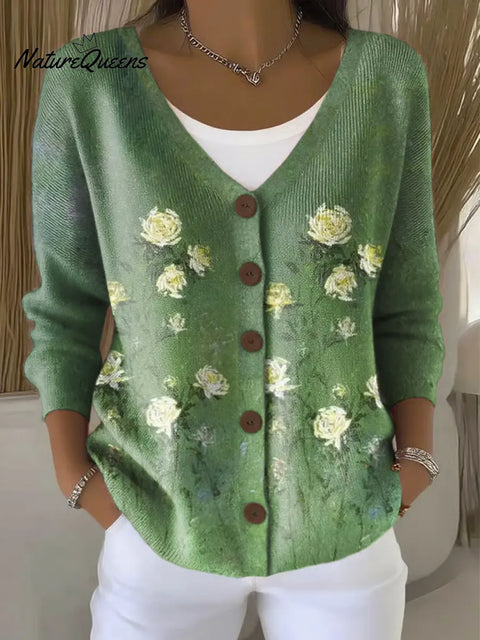 Women's Floral Art Print Casual Cardigan Sweater