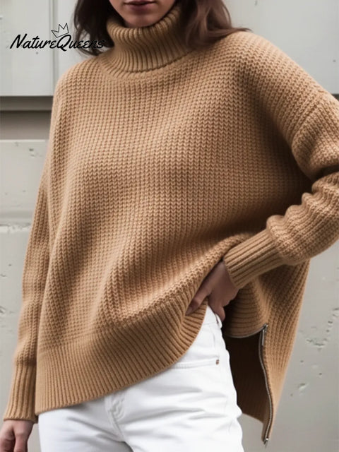 Casual Turtleneck Sweater Top With Side Zipper
