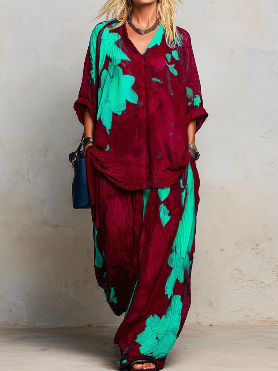 Women's Cotton-linen Set: Abstract Print V-neck 3/4-sleeve Loose-fit Top & High-waisted Wide-leg Pants