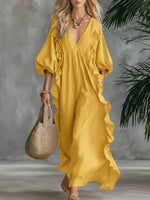 Women's Solid Color V-neck 3/4 Sleeve Casual Loose Cotton And Linen Dress