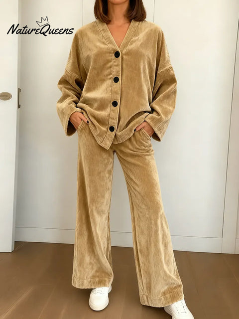 Women's Solid Color V-neck Casual Loose Cardigan High Waist Wide-leg Pants Set