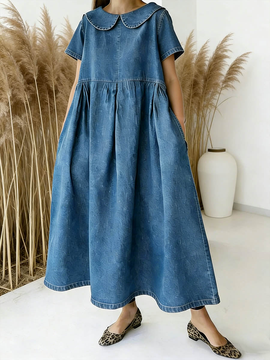 Women's Peter Pan Collar Short-sleeved Casual Loose Denim Dress