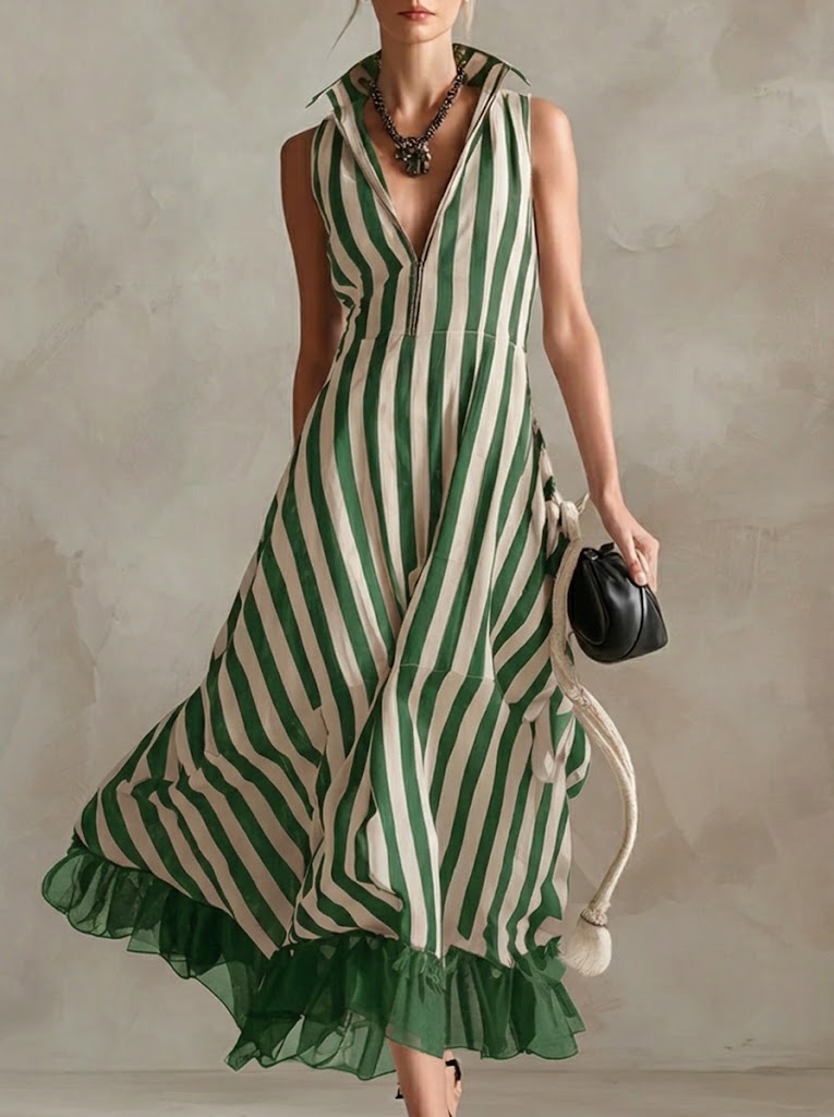 Fashionable Striped Chiffon Patchwork Sleeveless Linen Cotton Dress