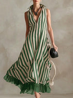 Fashionable Striped Chiffon Patchwork Sleeveless Linen Cotton Dress
