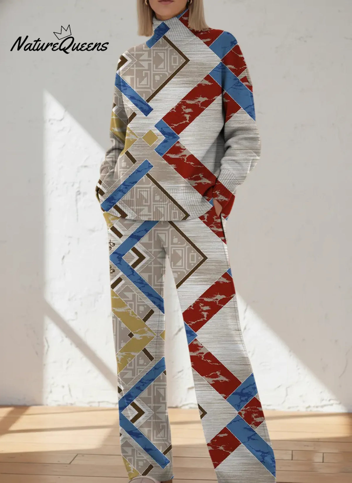 Women's Abstract Geometric Art Print Casual Knitted Cotton Top Pants Suit