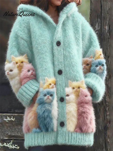Women's Funny Cats Pattern Art Print Casual Fleece Coat