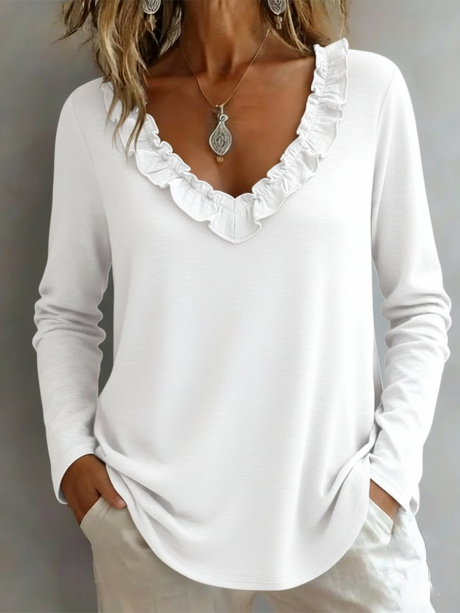 Cozy Ruffled V-neck Cotton Top