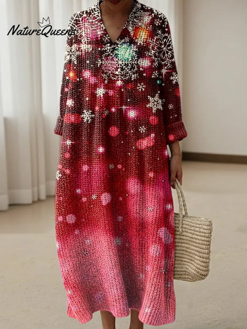 Sparkling Gradient Red Snowflakes Retro Art Print Knitted V-neck Dress