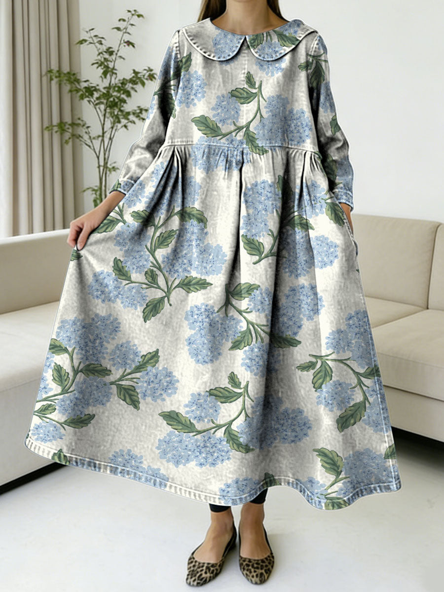 Elegant Floral Decorative Patterns Women's Casual Peter Pan Collar Long Sleeve Dress