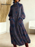 Women's Vintage Symmetrical Flowers Pattern Art Print Casual Cotton Knitted Dress