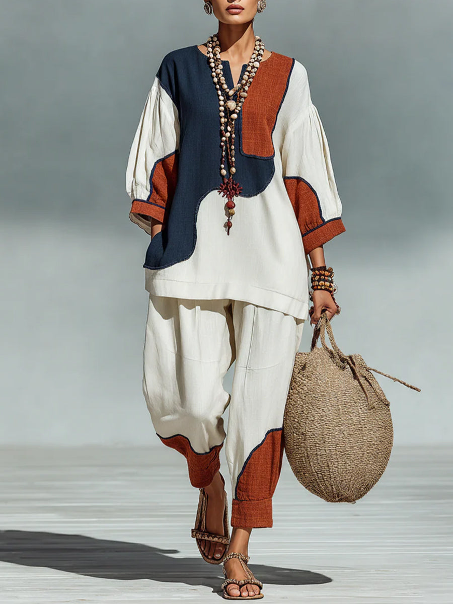 Casual Artistic Color-blocked Linen And Cotton Top And Pants Two-piece Set