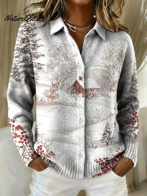 Women's Christmas Scenery Pattern Print Cowl Neck Sweater