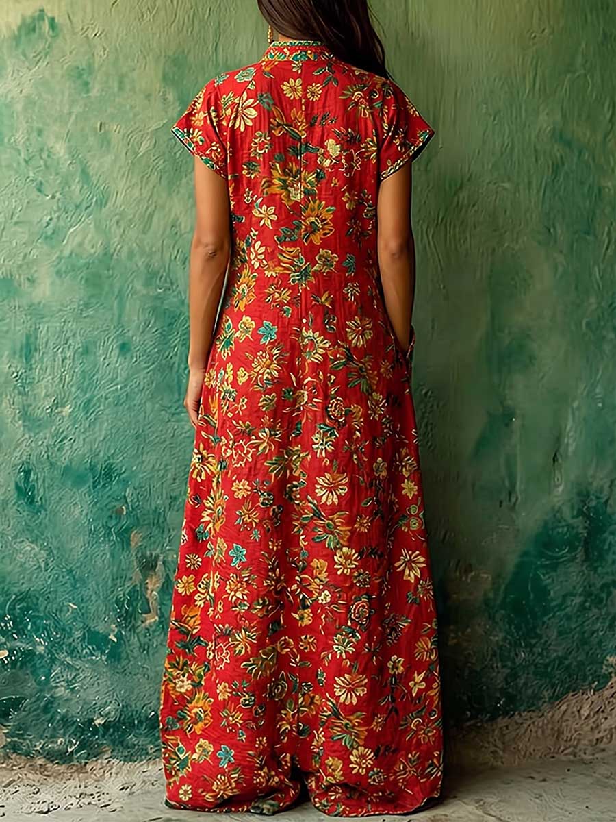 Women's Casual Loose Cotton-linen Dress With V-neck Short Sleeves And Placement Print