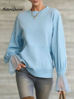 Women's Solid Color Round Neck Long-sleeved Casual Loose Sweatshirt With Mesh Paneling.