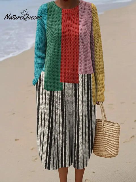 Spliced Colorful Geometric Stripes Printed Round Neck Knit Dress