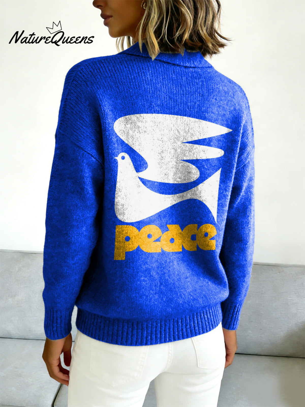 Peace Dove Decorative Pattern Casual Shirt Collar Long Sleeve Sweater