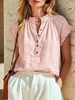 Casual Linen-cotton Short-sleeve Shirt With A Ruffled Collar