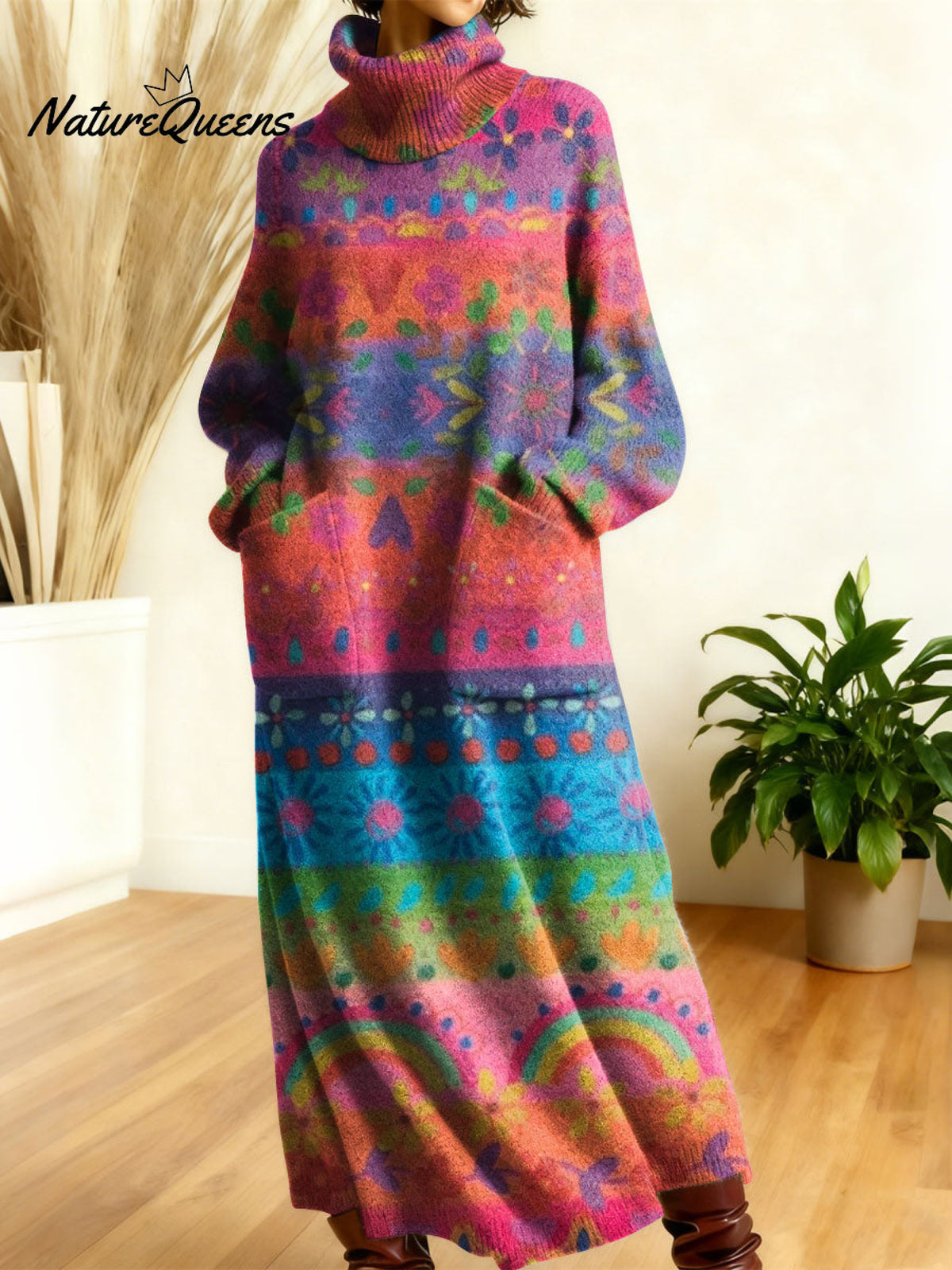 Women's Geometry Color Stripe Gradient Art High-neck Long-sleeve Casual Loose Knit Dress