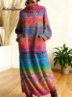 Women's Geometry Color Stripe Gradient Art High-neck Long-sleeve Casual Loose Knit Dress