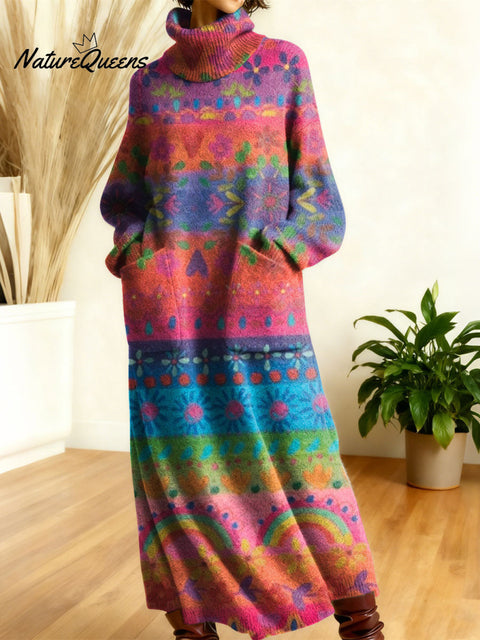 Women's Geometry Color Stripe Gradient Art High-neck Long-sleeve Casual Loose Knit Dress