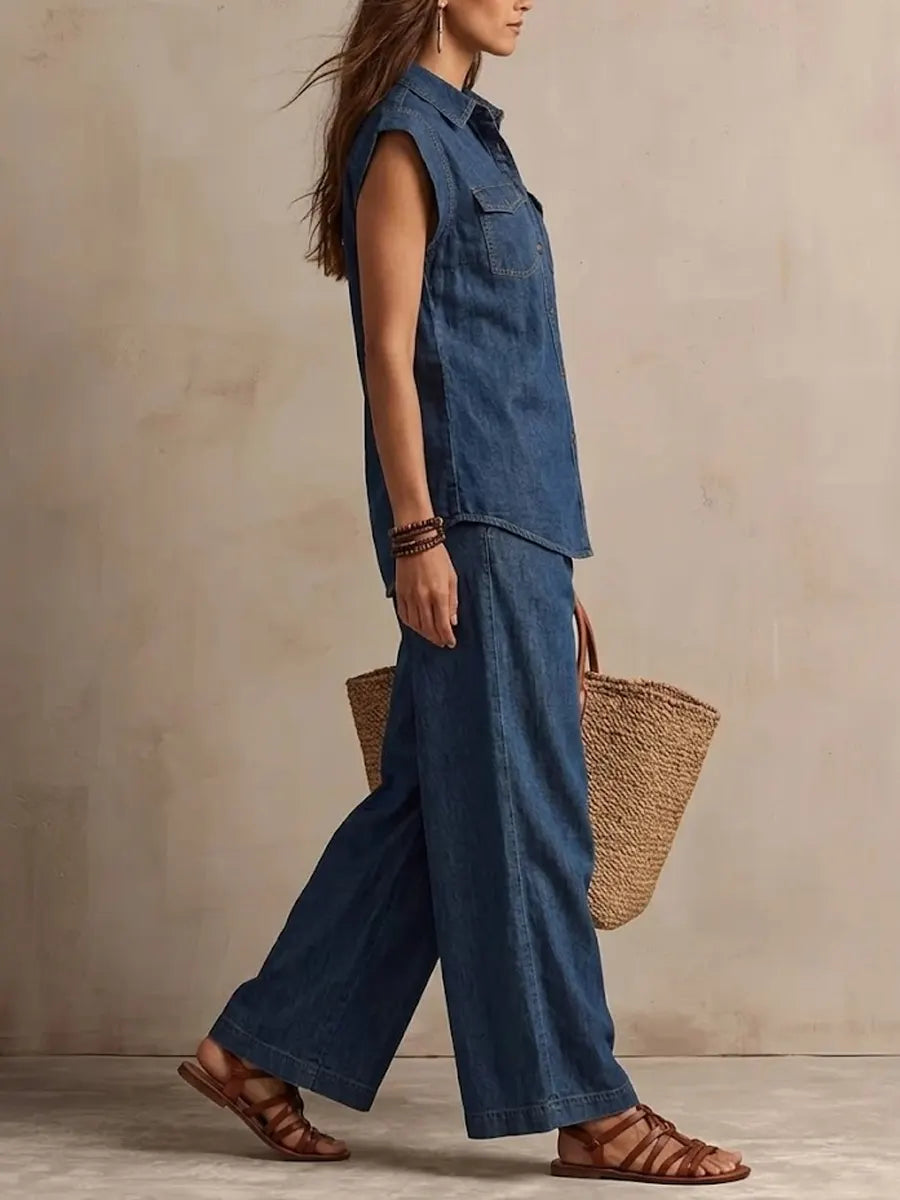 Women's Casual Sleeveless Shirt And Wide-leg Jeans Set