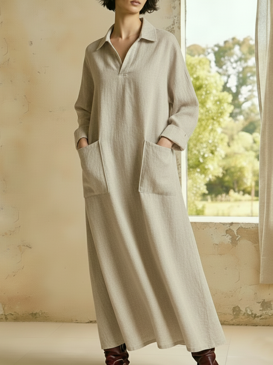 Casual And Cozy Polo-neck Loose Linen Dress