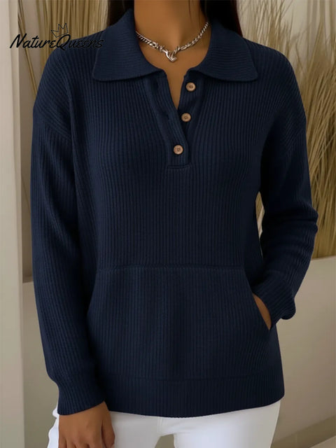Casual Polo Neck Button Pocket Knit Pullover