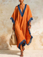 Women's Breathable Fringed Trim Art Casual Stylish Comfortable Cotton Linen Dress