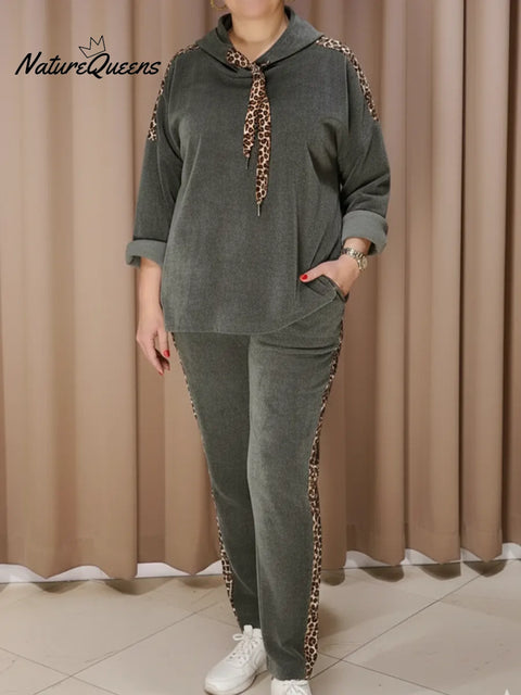 Women's Comfortable Corduroy Leopard Print Hooded Sweatshirt and Pants Two-Piece Set