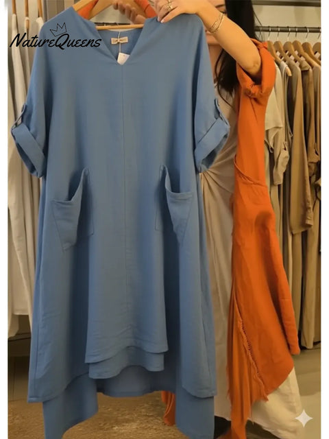 Women's Casual V-neck Pocket Cotton Linen Dress