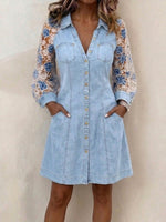 Women's Casual Loose Denim-paneled Dress With Shirt Collar And Long Sleeves