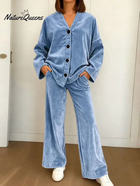 Women's Solid Color V-neck Casual Loose Cardigan High Waist Wide-leg Pants Set