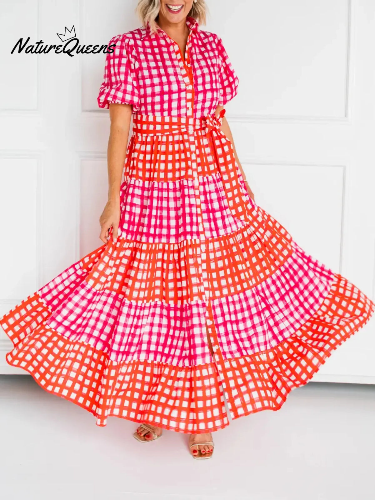 Women's Plaid Short-sleeved Cotton Shirt Dress