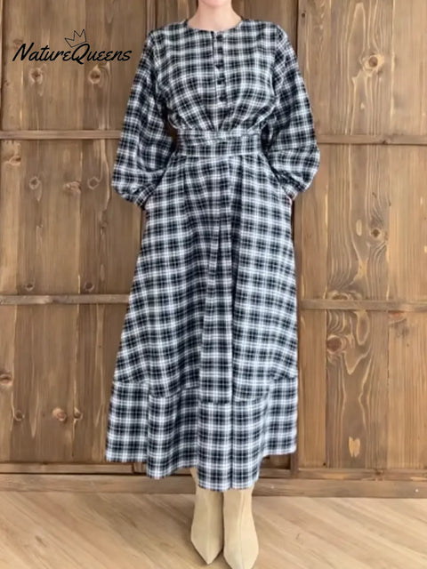 Women's Plaid Long-sleeved Cotton Dress